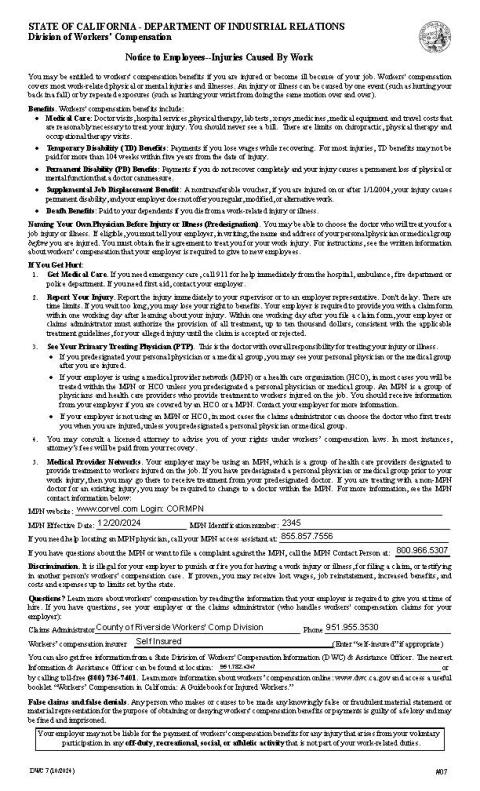 Division of Worker’s Compensation - Notice to Employees - Injuries Caused by Work (MUST POST NEXT TO #15)